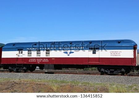 NAPA VALLEY, CA - MARCH 24: US mail railway post office on March 24, 2013 in Napa. It is railroad car that  normally operated in passenger service as a means to sort mail en route for speed delivery