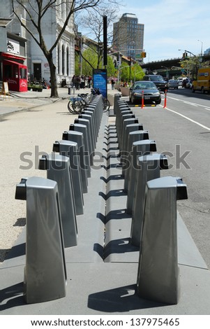 NEW YORK - APRIL 30: Citi bike station ready for business in New York on April 30, 2013. NYC bike share system will start in Manhattan and Brooklyn in May, 2013