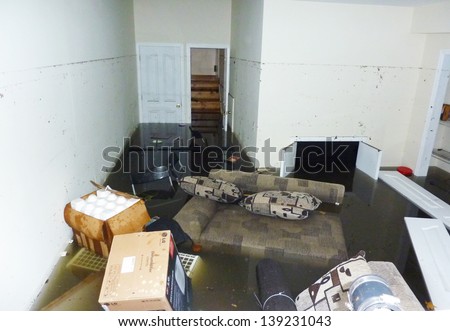 Staten Island, Ny - October 30: Completely Flooded Basement Next Day After Hurricane Sandy On October 30, 2012 In Staten Island. It Is Visible Line Showing Maximum Water Level Higher Than 7 Feet