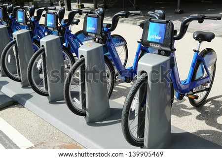 NEW YORK - MAY 26: Citi bike station ready for business in New York on May 26, 2013. NYC bike share system ready to hit the road in Manhattan and Brooklyn on May 27, 2013