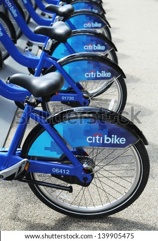 NEW YORK - MAY 26: Citi bikes ready for business in New York on May 26, 2013. NYC bike share system ready to hit the road in Manhattan and Brooklyn on May 27, 2013