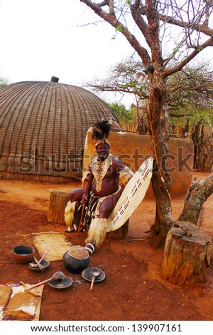 ZULULAND SOUTH AFRICA SEPTEMBER 14 Zulu Chief in Shakaland Zulu Village on September 14 2009 A unique cultural center built on the set of movies Shaka Zulu and John Ross ZULULAND SOUTH AFRICA SEPTEMBER 14 Zulu Chief in Shakaland Zulu Village on September 14 2009 A unique cultural center built on the set of movies Shaka Zulu and John Ross