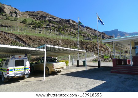 SANI PASS,LESOTHO -SEPTEMBER 19: Police cars at Sani Pass border control between South Africa and Lesotho on September 19, 2009. The Kingdom of Lesotho is a landlocked country and enclave