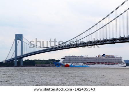 NEW YORK  - JUNE 16:Norwegian Breakaway Cruise Ship under Verrazano bridge on June 16, 2013. Newest Norwegian Cruise Line Ship is the world's eighth largest cruise ship start voyages on May 12, 2013
