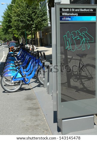BROOKLYN, NEW YORK - JUNE 20: Citi bike station in Williamsburg section of Brooklyn on June 20, 2013. NYC bike share system started in Manhattan and Brooklyn on May 27, 2013