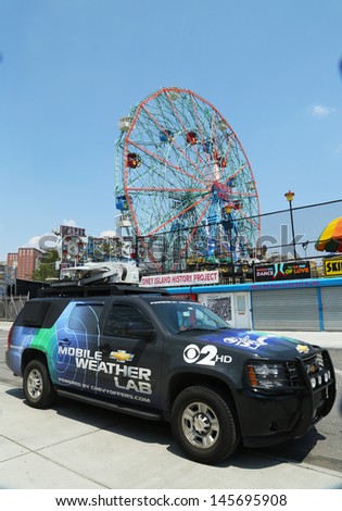 BROOKLYN, NY- MAY 30:CBS Channel 2 mobile weather lab in Brooklyn, NY on May 30, 2013. The Weather Lab has high-tech weather gear that allow to measure wind speed, humidity, rainfall , temperature