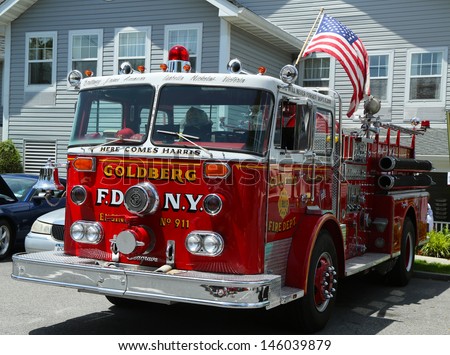 BROOKLYN, NEW YORK - JULY 14:Fire truck on display at the Mill Basin car show held on July 14, 2013 in Brooklyn, New York