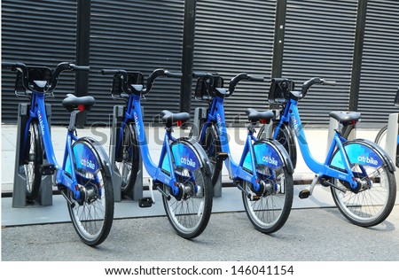 BROOKLYN, NEW YORK - JUNE 27: Citi bike station in Manhattan  on June 27, 2013. NYC bike share system started in Manhattan and Brooklyn on May 27, 2013
