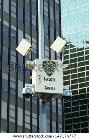 NEW YORK CITY - JUNE 27: NYPD security camera in Manhattan on June 27, 2013. NYPD develops surveillance system network of 3,000 cameras and 2,600 radiation detectors.