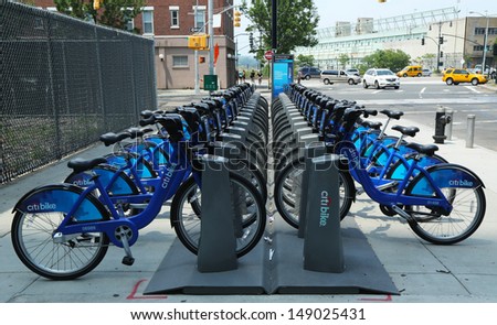 NEW YORK CITY - JULY 20: Citi bike station in Manhattan on July 20, 2013. NYC bike share system started in Manhattan and Brooklyn on May 27, 2013