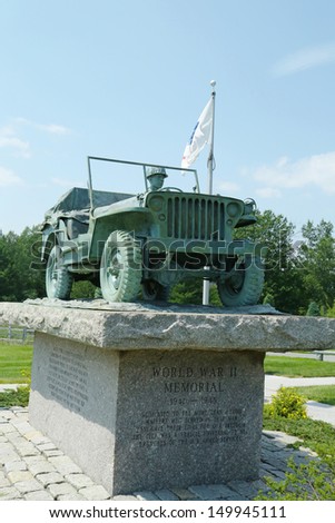 BANGOR, MAINE - JULY 4:Maine State World War II Memorial in Bangor, ME on July 4, 2013. It is an exact bronze casting of the Cole Land Transportation Museum WWII Willis Jeep