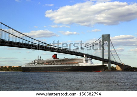 New York City - August 15: Queen Mary 2 Cruise Ship In New York Harbor Under Verrazano Bridge Heading For Transatlantic Crossing From New York To Southampton On August 15, 2013