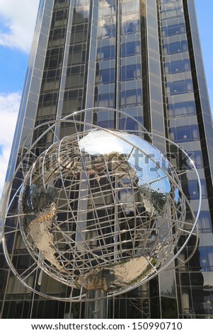 NEW YORK - AUGUST 15: Globe in the front of Trump International Hotel and Tower at Columbus Circle IN Manhattan, New York on August 15, 2013