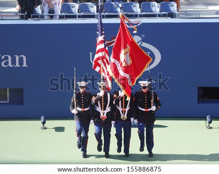 FLUSHING, NY- SEPTEMBER 8 The Color Guard of the US Marine Corps during the opening ceremony of the US Open 2013 women final at Billie Jean King National Tennis Center on September 8, 2013 in Flushing