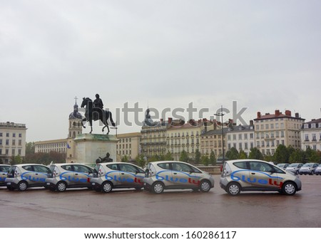 LYON, FRANCE - OCTOBER 10: Bluely electrical cars in Lyon on October 10, 2013. Bluely is the first full electric and open-access car sharing service in Lyon introduced to public in October 2013