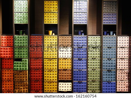 PARIS, FRANCE - OCTOBER 14  Variety of coffee capsules in Nespresso store in Paris on October 14, 2013  Nespresso is an operating unit of the Nestle Group based in Lausanne, Switzerland