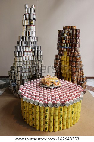 NEW YORK - NOVEMBER 10: Food sculpture presented at 21st Annual NYC Canstruction competition in New York on November 10, 2013. Teams build large scale sculptures out of canned food for food drive