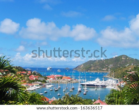 St Barts, French West Indies - January 19:Aerial View At Gustavia Harbor With Mega Yachts On January 19, 2005 At St Barts. The Island Is Popular Tourist Destination During The Winter Holiday Season