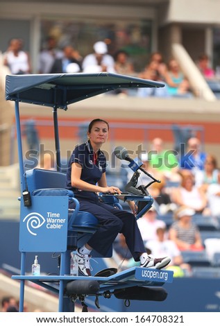NEW YORK - AUGUST 26   Chair umpire during first round match between Venus Williams and Kirsten Flipkens at US Open 2013  at Billie Jean King National Tennis Center on August 26, 2013 in New York