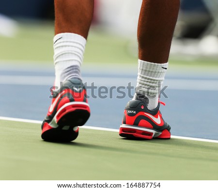 New York - August 27 Twelve Times Grand Slam Champion Rafael Nadal Wears Custom Nike Tennis Shoes During Practice For Us Open 2013 At Billie Jean King National Tennis Center On August 27, 2013 In Ny