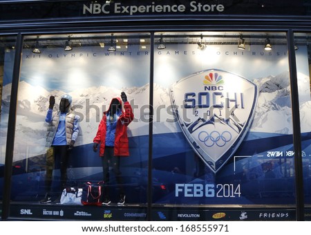 New York - December 19: Nbc Experience Store Window Display Decorated With Sochi 2014 Xxii Olympic Winter Games Logo In Rockefeller Center In Midtown Manhattan On December 19, 2013.