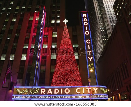 NEW YORK - DECEMBER 19:  New York City landmark, Radio City Music Hall in Rockefeller Center on December 19, 2013. The Radio City Christmas Spectacular is a New York Christmas tradition since 1933