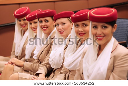 NEW YORK - AUGUST 24: Emirates Airline flight attendants at the Billie Jean King National Tennis Center during US Open 2013 on August 24, 2013 in New York