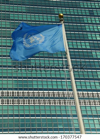 NEW YORK CITY - JUNE 27: United Nations Flag in the front of UN Headquarter in New York on June 27, 2013