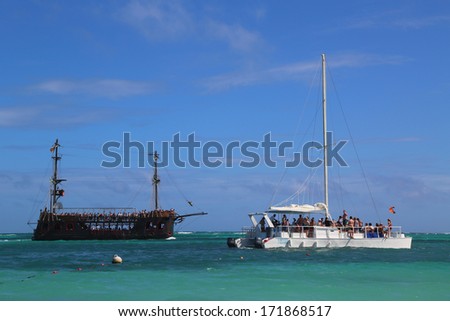 PUNTA CANA, DOMINICAN REPUBLIC - JANUARY 2: Pirate party boat and party yacht in Punta Cana on January 2, 2014. The Dominican Republic is the most visited destination in the Caribbean