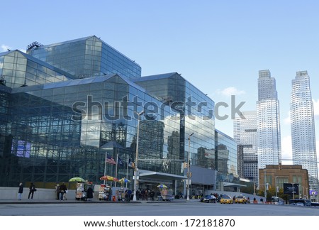 NEW YORK - OCTOBER 24: Javits Convention Center in Manhattan on October 24, 2013. The convention center has a total area space of 1,800, 000 square ft and has 840,000 square ft of total exhibit space