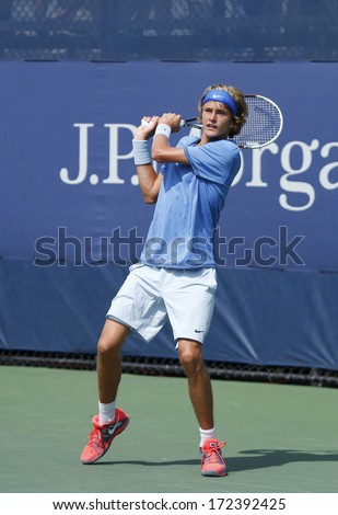 NEW YORK - SEPTEMBER 5 Number one seeded junior player Alexander Zverev from Germany during third round match at US Open 2013 at Billie Jean King National Tennis Center on September 5, 2013 in NY