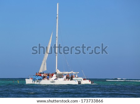 PUNTA CANA, DOMINICAN REPUBLIC - JANUARY 3:Party yacht in Punta Cana on January 3, 2014. The Dominican Republic is the most visited destination in the Caribbean