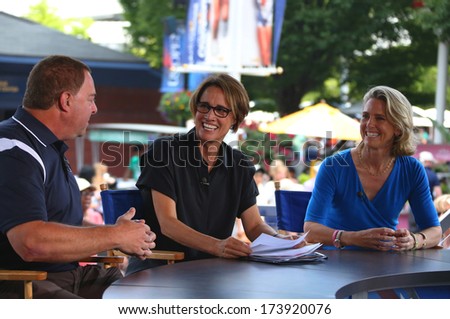 NEW YORK - AUGUST 27: American sportscaster Mary Carillo with guests during US Open 2013 at Billie Jean King National Tennis Center on August 27, 2013 in New York