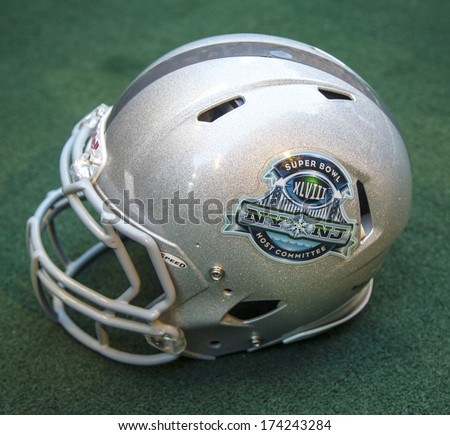 NEW YORK - JANUARY 30:Football helmet with on Broadway Super Bowl XLVIII NY NJ Host Committee logo presented at Super Bowl XLVIII week in Manhattan on January 30, 2014.