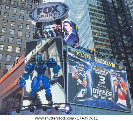 NEW YORK - JANUARY 30: Fox Sports broadcast set on Times Square during Super Bowl XLVIII week in Manhattan on January 30, 2014