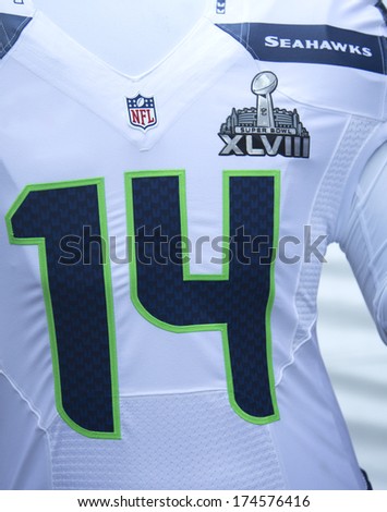 NEW YORK - JANUARY 30  Seattle Seahawks team uniform with Super Bowl XLVIII logo presented during Super Bowl XLVIII week in Manhattan on January 30, 2014