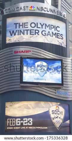 New York - January 26: Comcast Nbc Universal Billboard Decorated With Sochi 2014 Xxii Olympic Winter Games Logo Near Times Square In Midtown Manhattan On January 26, 2014