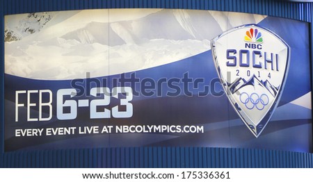 NEW YORK - JANUARY 26: Sochi 2014 XXII Olympic Winter Games logo on NBC billboard near Times Square in Midtown Manhattan on January 26, 2014. NBC provides coverage of the 2014 Olympic Winter Games