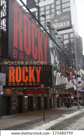 NEW YORK - JANUARY 26:The exterior of the Winter Garden theater, featuring the play Rocky The Musical on Broadway in New York City on January 26, 2014. Rocky  on Broadway preview begins on February 11