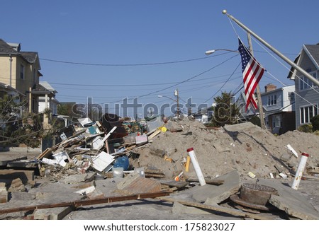 FAR ROCKAWAY, NY - NOVEMBER 11: Destroyed beach house in the aftermath of Hurricane Sandy on November 11, 2012 in Far Rockaway, NY. Image taken 12 days after Superstorm Sandy hit New York