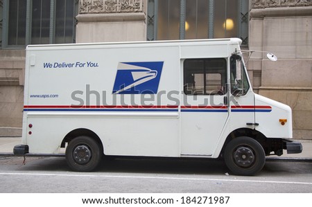 NEW YORK CITY - MARCH 20: United States Postal Service truck in midtown Manhattan on March 20, 2014. USPS is the operator of the largest civilian vehicle fleet in the world.