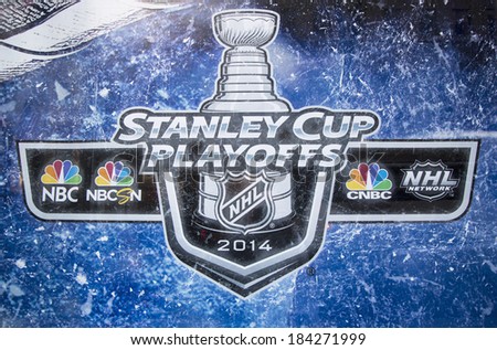 NEW YORK CITY - MARCH 20: Stanley Cup Playoffs 2014 logo displayed at the NBC Experience Store window in midtown Manhattan on March 20, 2014