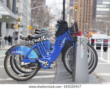 NEW YORK - MARCH 20: Citi bike station in Manhattan on March 20, 2014. NYC bike share system started in Manhattan and Brooklyn on May 27, 2013