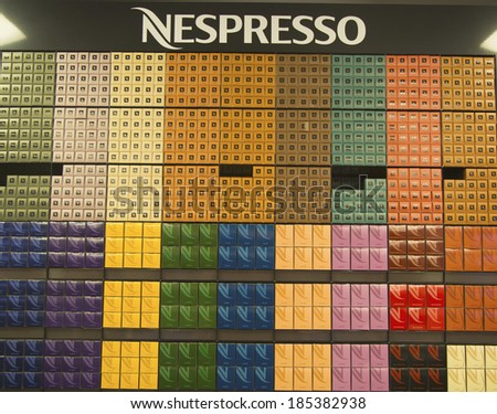 NEW YORK - APRIL1: Variety of coffee capsules in Nespresso store in New York on April 1, 2014. Nespresso is an operating unit of the Nestle Group based in Lausanne, Switzerland
