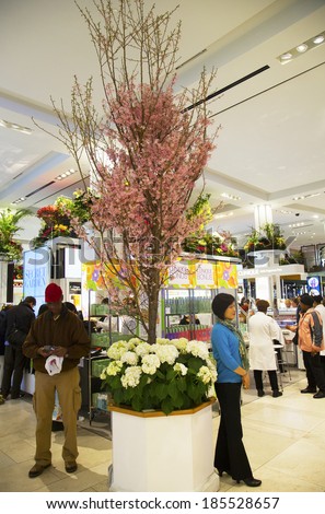 NEW YORK - APRIL 1: The Secret Garden theme flower decoration with Cherry tree during famous Macy s Annual Flower Show in the department store at the Herald Square in  Manhattan on April 1, 2014