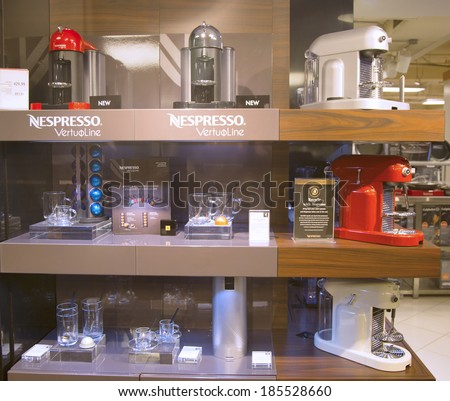 NEW YORK - APRIL1: Variety of Coffee and Espresso machines in Nespresso store in New York on April 1, 2014. Nespresso is an operating unit of the Nestle Group based in Lausanne, Switzerland