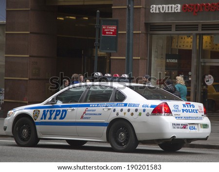 NEW YORK - March 20: NYPD recruit car in midtown Manhattan on March 20, 2014. New York Police Department, established in 1845, is the largest police force in USA