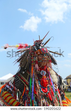 BROOKLYN, NEW YORK - JUNE 2:Unidentified Native American dancer at the NYC Pow Wow in Brooklyn on June 2, 2013. A pow-wow is a gathering and Heritage Celebration of North America s Native people