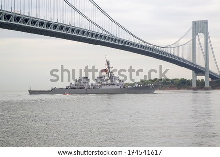NEW YORK - MAY 21  USS Cole guided missile destroyer of the United States Navy during parade of ships at  Fleet Week 2014 on May 21, 2014 in New York Harbor