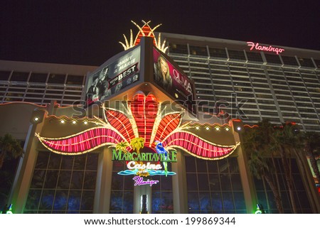 LAS VEGAS, NEVADA - MAY 12 : Neon sign in the front of Flamingo Las Vegas Hotel and Casino on May 12, 2014. Mobster Bugsy Siegel opened The Flamingo Hotel & Casino on December 26, 1946